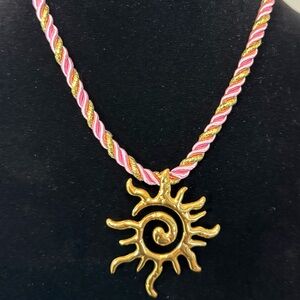 Gold and Pink Cord Sun Pendant Necklace